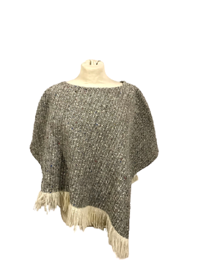 Handwoven Ladies Tweed Fringed Poncho -Granite #color_granite