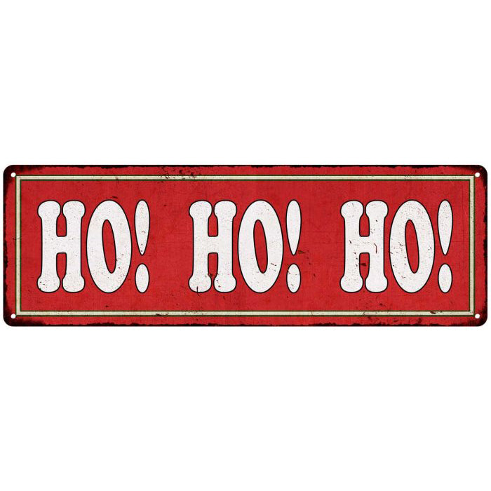 Ho Ho Ho vintage Christmas metal sign with festive holiday look for mantel and entryway wall decor