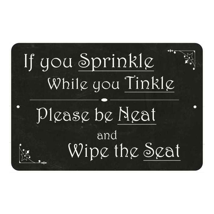 Funny sprinkle-when-you-tinkle bathroom metal sign with vintage lettering for restroom wall decor