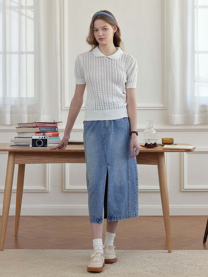 Kamryn Small Lapel Hollow Short Sleeve Knit Top