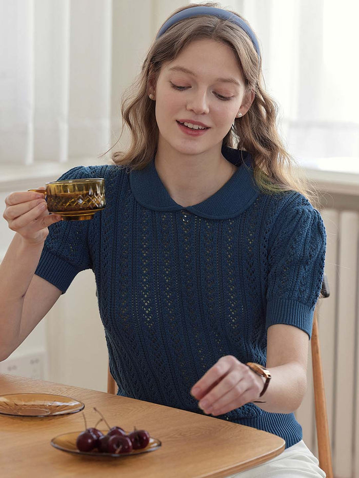 Kamryn Small Lapel Hollow Short Sleeve Knit Top