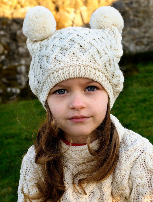Kids Merino Aran Trellis Pom Pom Hat - #color_natural