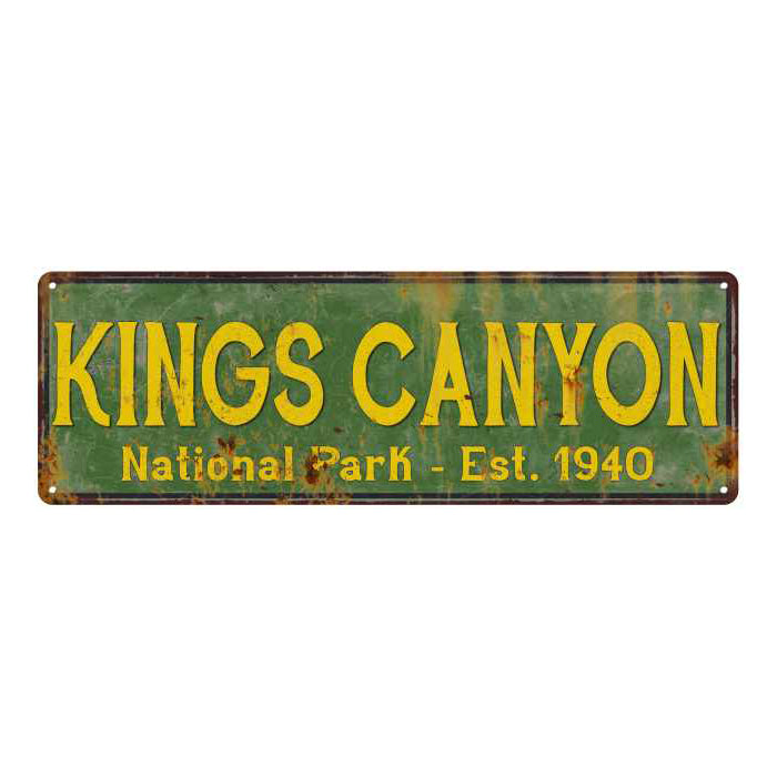 Kings Canyon National Park rustic metal sign with distressed vintage lettering, ideal for cabin or lodge wall decor