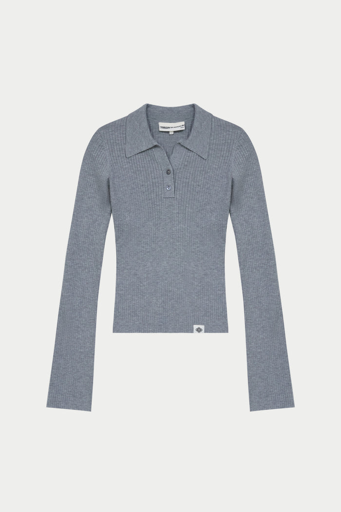 KNITTED RIBBED BUTTON THROUGH TOP - GREY MARL
