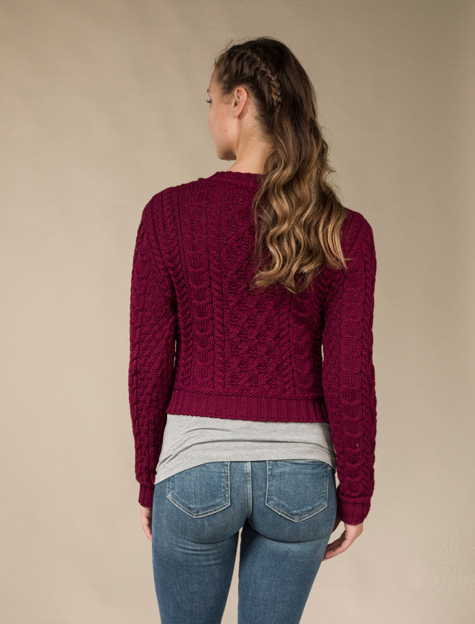 Ladies Cropped Aran Sweater – Claret #color_claret