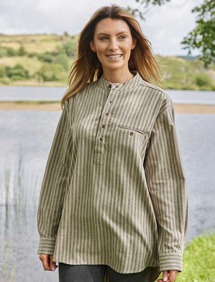 Ladies Flannel Grandfather Shirt - #color_beige-green-maroon-stripe