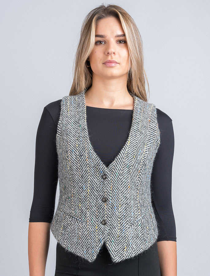 Ladies Irish Tweed Waistcoat - Black & Grey Herringbone