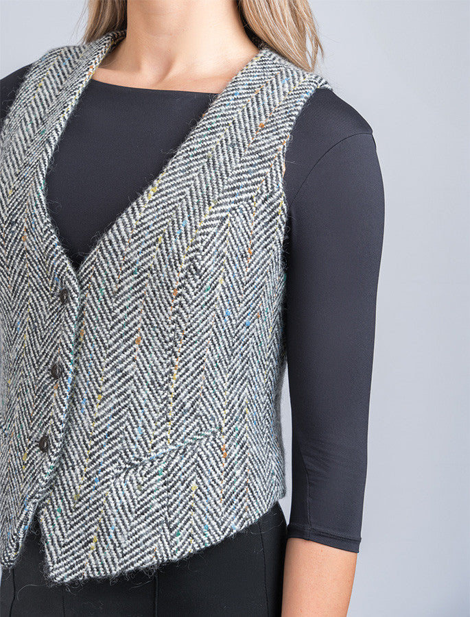 Ladies Irish Tweed Waistcoat - Black & Grey Herringbone