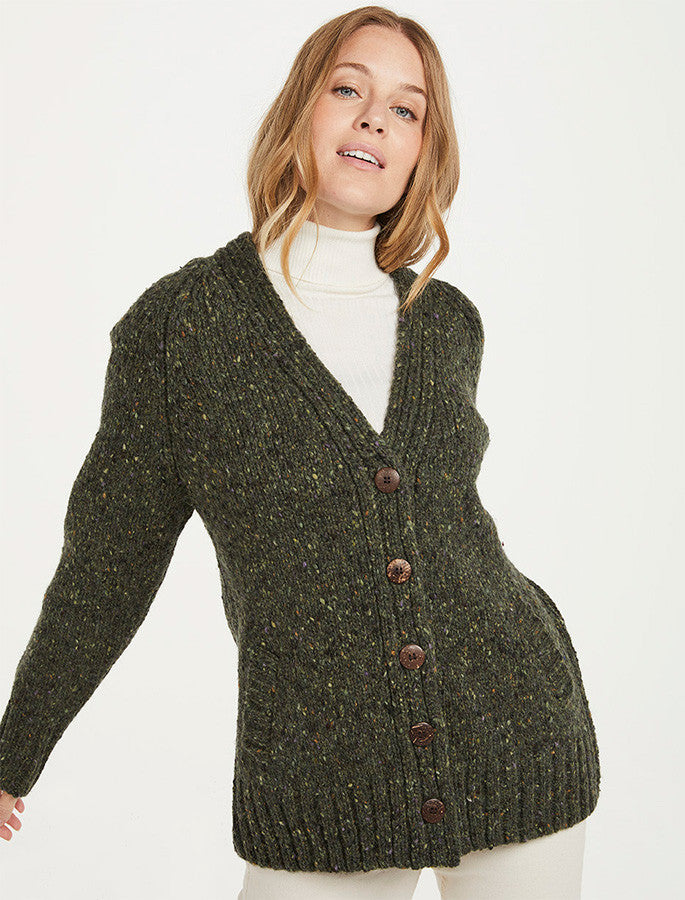 Ladies V-Neck Donegal Wool Cardigan - Green #color_green