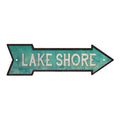 Vintage Lake Shore right-arrow metal sign with rustic lettering for lake house and cabin wall decor