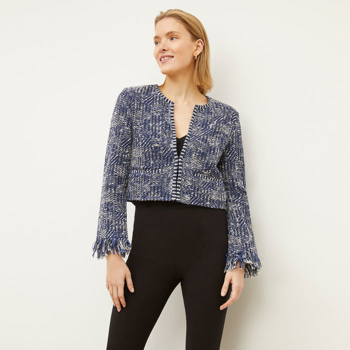 Front image of a woman wearing the Lilia Jacket - Interweave in Navy / Ivory | Lead