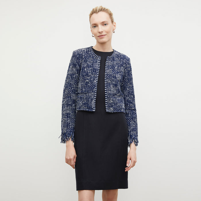 Front image of a woman wearing the Lilia Jacket - Interweave in Navy / Ivory
