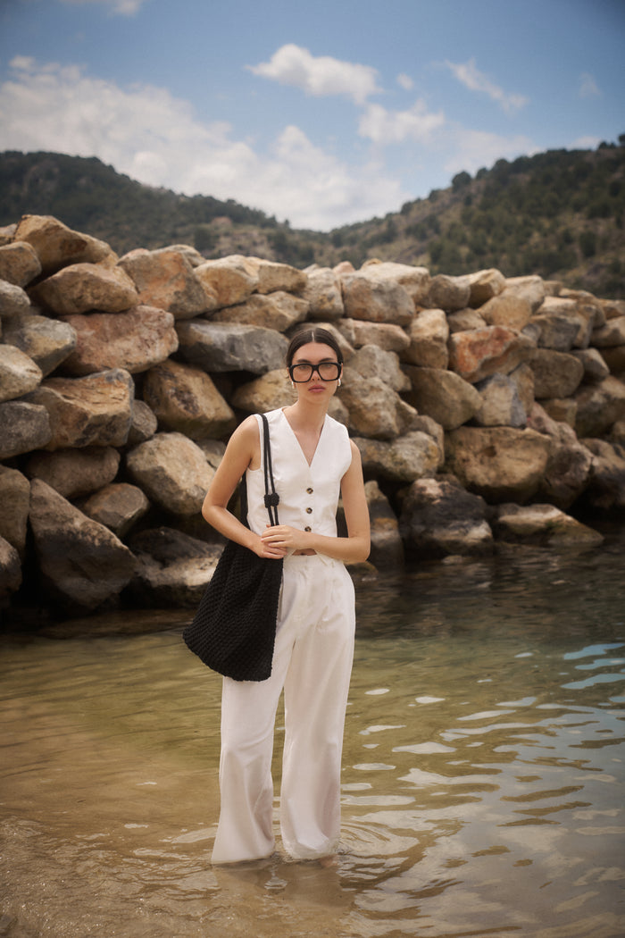 LINEN BLEND WIDE LEG PLEATED TROUSERS - WHITE