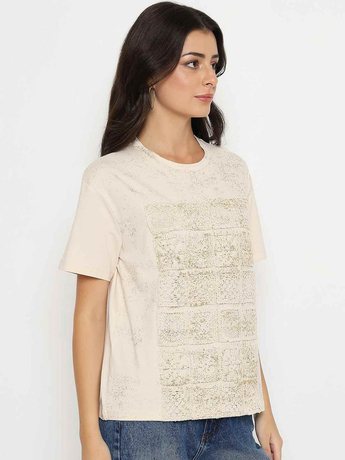 Madame Dori Embroidery Cotton Blend Beige T-shirt