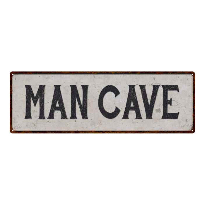 Man Cave vintage black-and-white metal sign with distressed lettering for garage and home bar decor