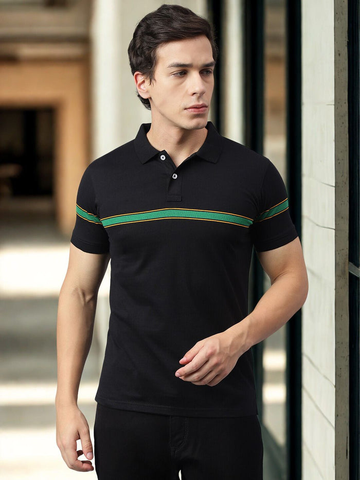 Men's Black Regular Fit Striped Polo T-Shirt