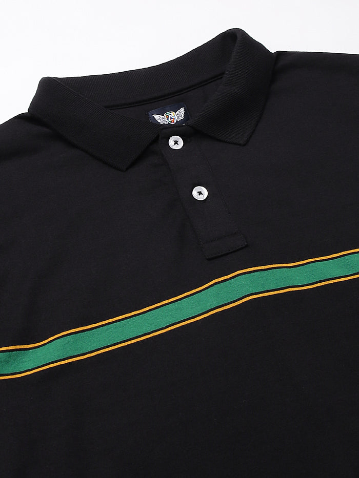 Men's Black Regular Fit Striped Polo T-Shirt