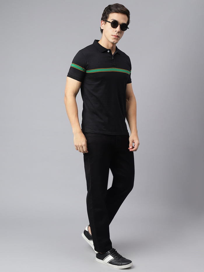 Men's Black Regular Fit Striped Polo T-Shirt