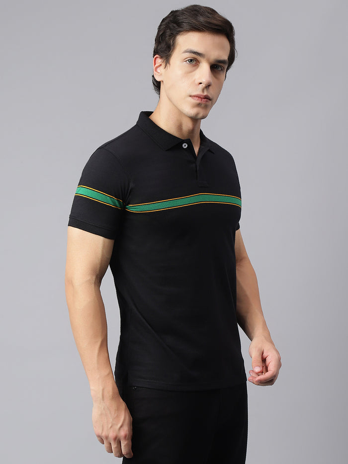 Men's Black Regular Fit Striped Polo T-Shirt