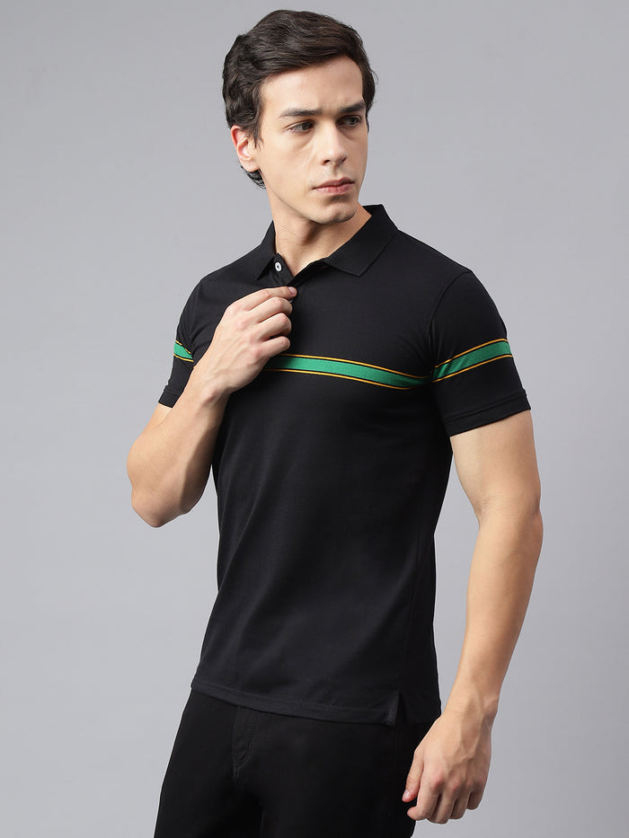 Men's Black Regular Fit Striped Polo T-Shirt