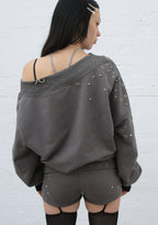 MIDNIGHT STUDDED OFF THE SHOULDER SWEATER CHARCOAL