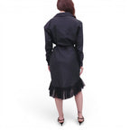 MOSCHINO COUTURE BLACK COTTON DRESS WITH TULLE TRIM AND BELT DETAIL - SIZE 10