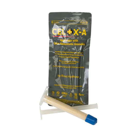 A package of North American Rescue Celox-A Hemostatic Agent with a visible applicator and granules.