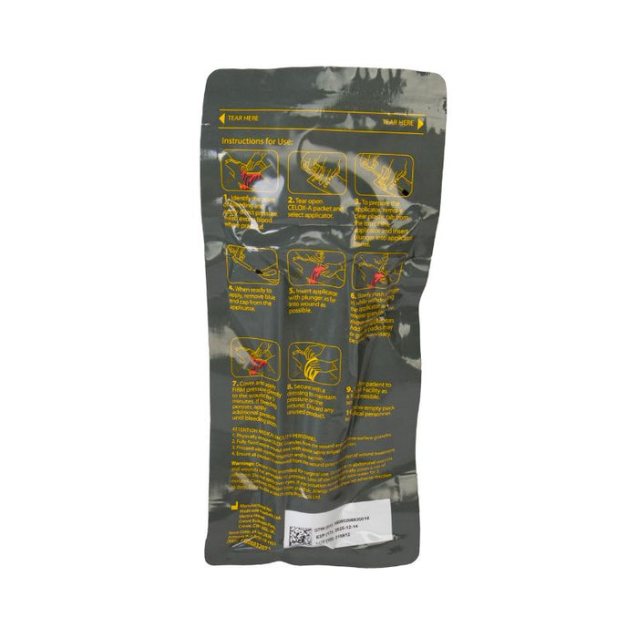 Backside of a package of North American Rescue Celox-A Hemostatic Agent.