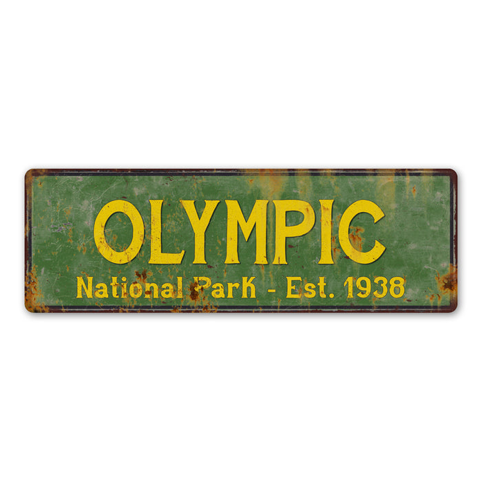 Olympic National Park rustic metal sign with distressed vintage lettering, ideal for cabin or lodge wall decor