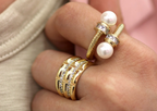 Open gold rope texture ring with pearl and cz accents – adjustable
