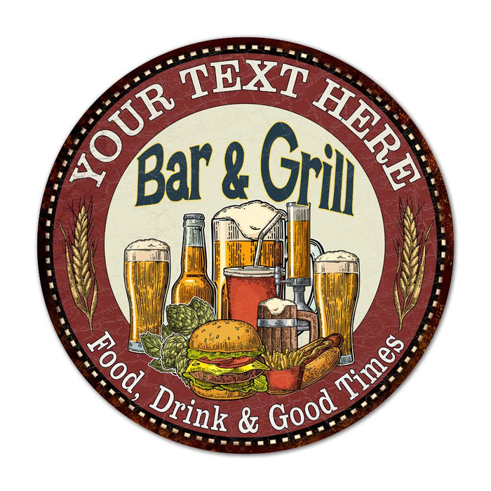 Personalized Bar and Grill round metal sign with custom name for kitchen and patio wall decor