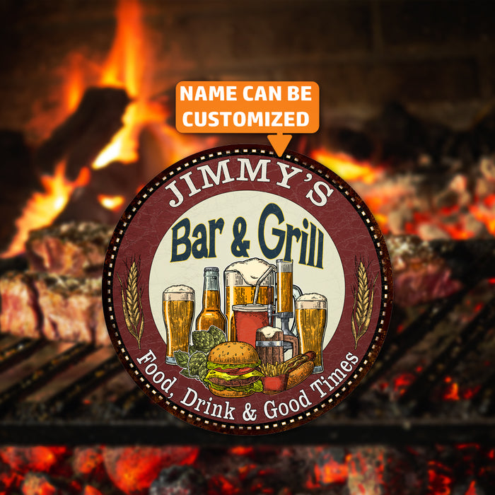 Personalized Bar and Grill 14" Round Metal Sign Kitchen Wall Decor