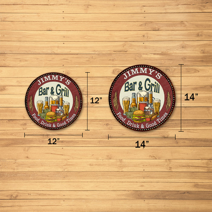 Personalized Bar and Grill 14" Round Metal Sign Kitchen Wall Decor