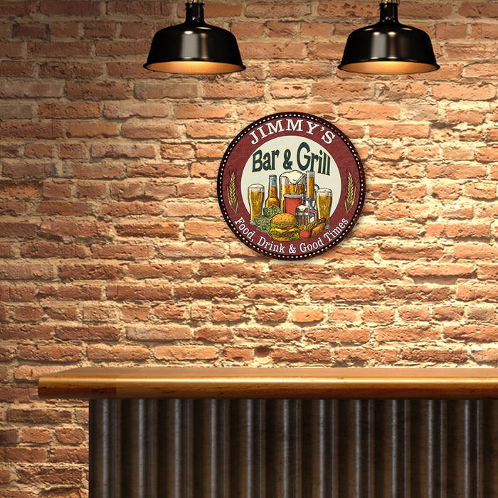Personalized Bar and Grill 14" Round Metal Sign Kitchen Wall Decor