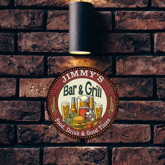 Personalized Bar and Grill 14" Round Metal Sign Kitchen Wall Decor