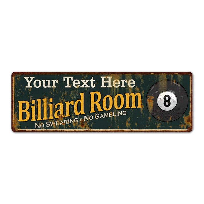 Personalized green billiard room metal sign with custom name, 6x18 pool style, for man cave and game room wall decor