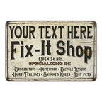Personalized Fix-It Shop metal sign with rustic styling, a workshop gift for Grandpa or Dad
