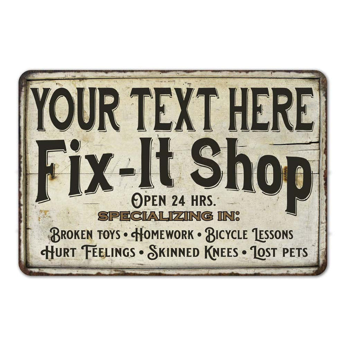 Personalized Fix-It Shop metal sign with rustic styling, a workshop gift for Grandpa or Dad