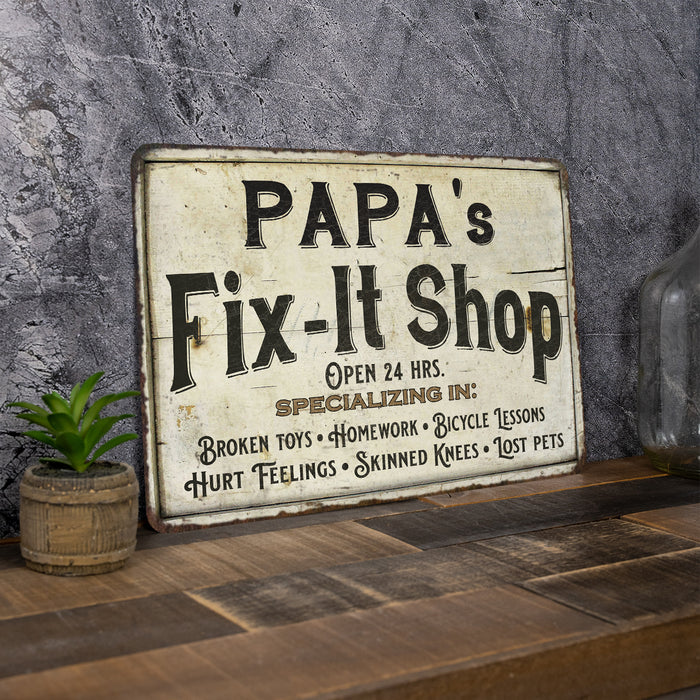 Personalized Fix-It Shop Sign Grandpa Dad Wall Decor Gift Man Cave Metal