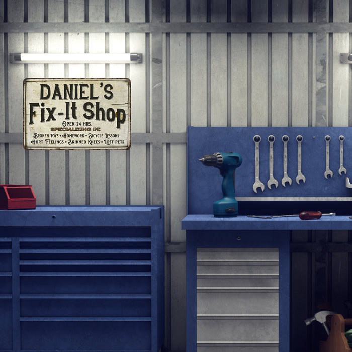 Personalized Fix-It Shop Sign Grandpa Dad Wall Decor Gift Man Cave Metal