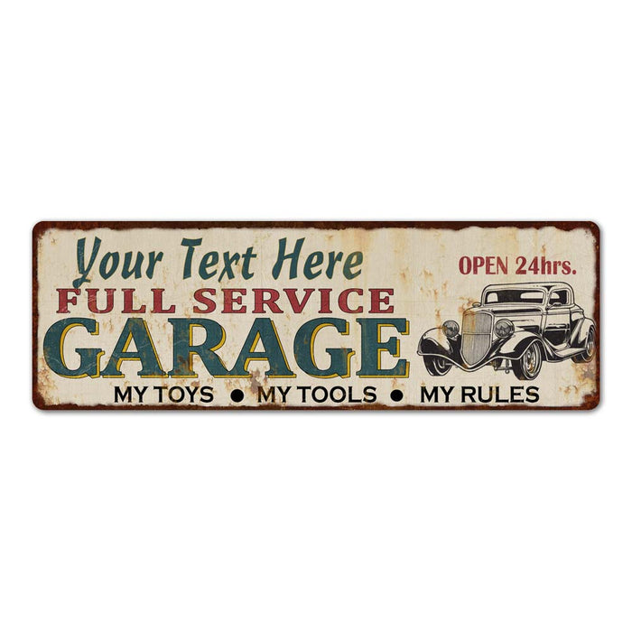 Personalized rustic Full Service Garage metal sign with custom name for man cave and garage decor