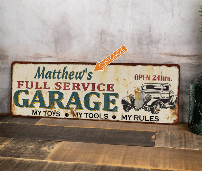 Personalized Full Service Garage Metal Sign Rustic Man Cave