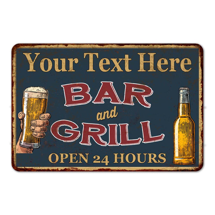 Personalized green bar and grill metal sign with rustic styling for home bars and patios