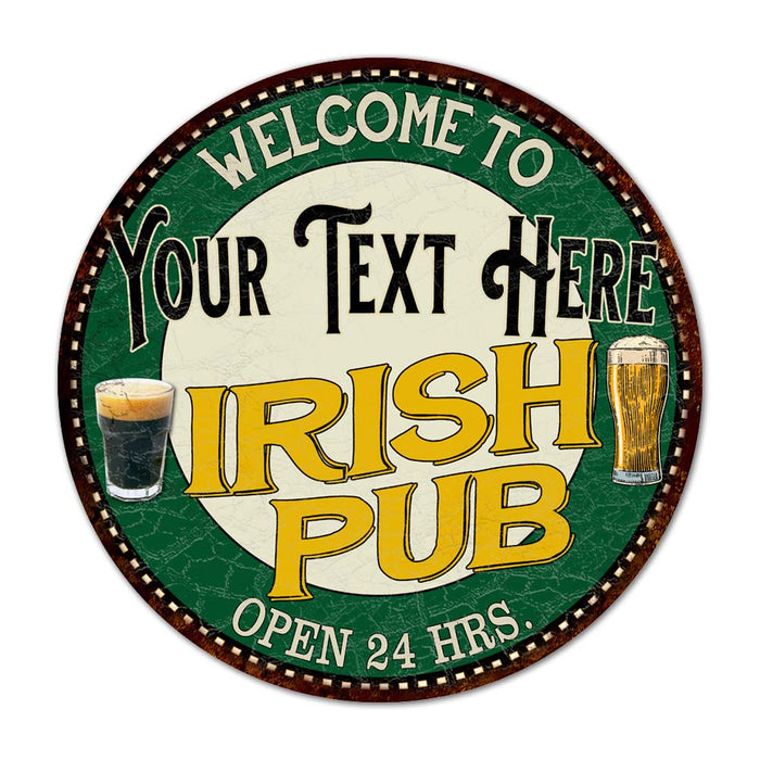 Personalized round Irish pub metal sign with custom name, classic pub style, for home bar and basement wall decor