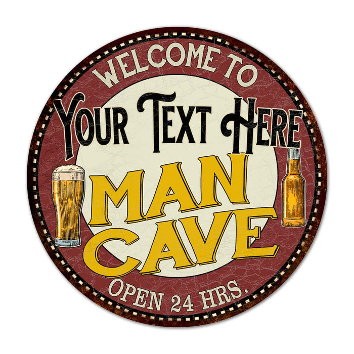 Personalized round man cave metal sign with custom name, vintage bar style, for home bar and garage wall decor