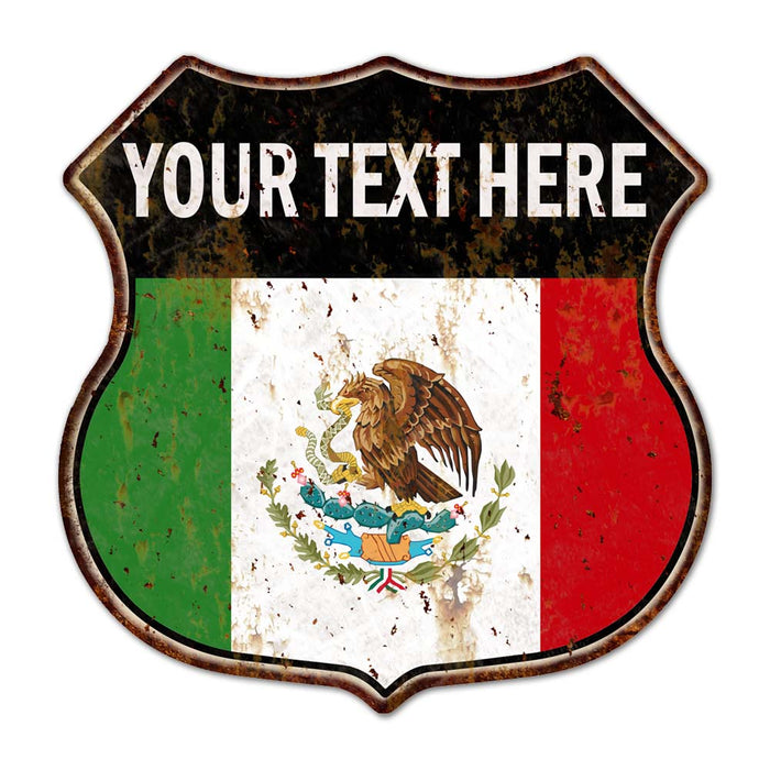 Personalized Mexican flag shield metal sign with custom name, a patriotic accent for man caves and home decor