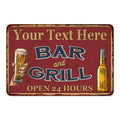Personalized red rustic bar and grill metal sign for home bars and backyard patios