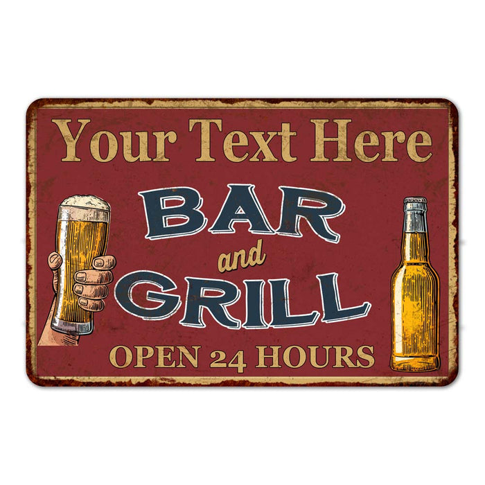 Personalized red rustic bar and grill metal sign for home bars and backyard patios