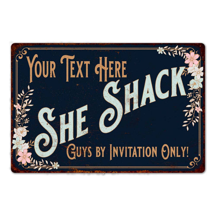 Personalized She Shack metal wall sign with custom name, a decorative accent for she sheds and home decor