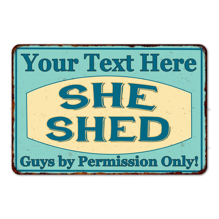 Personalized She Shed metal sign with rustic styling for garden retreats and craft rooms